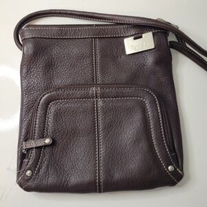 New Tignanello Dark Brown Pebbled Leather Crossbody Organizer Bag Silver Hardwar